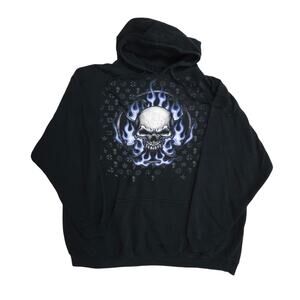 Vintage Y2K Skull Flame Cross Hoodie 2XL Black Goth Emo Grunge Pullover Sweater